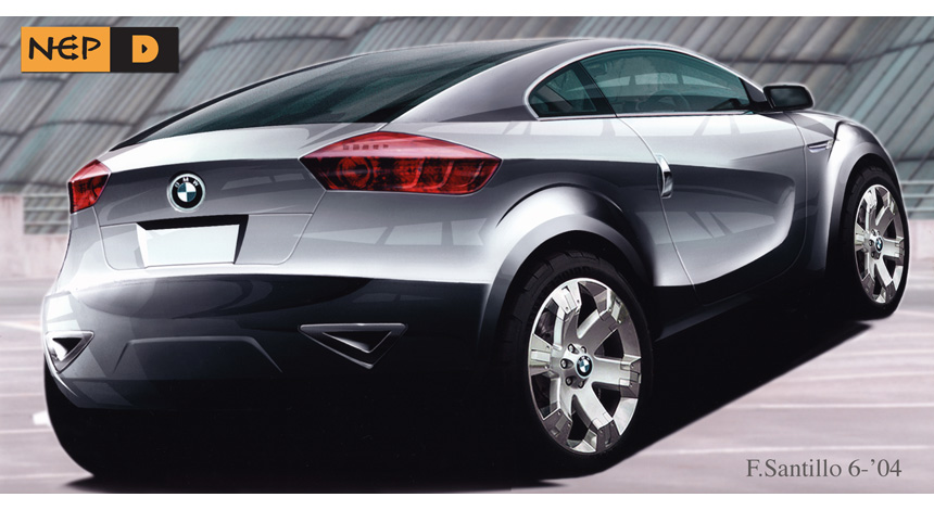 Rear 3Q view rendering BMW X1 coupe.